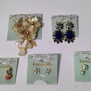 Lonna & Lilly Earrings Lot Floral Pearl Statement Stud Hoop Gold Tone & Brooch